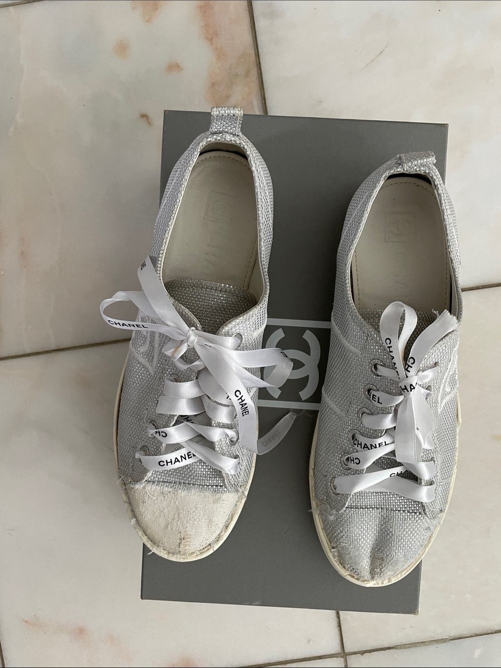 CHANEL Silver Crystal-Embellished Ribbon Lace Sneakers